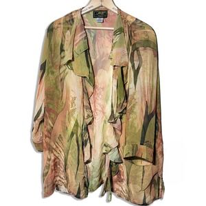 ATOC Chiffon Semi-Sheer Ruffle Cardigan Open Front Abstract Duster Size L XL